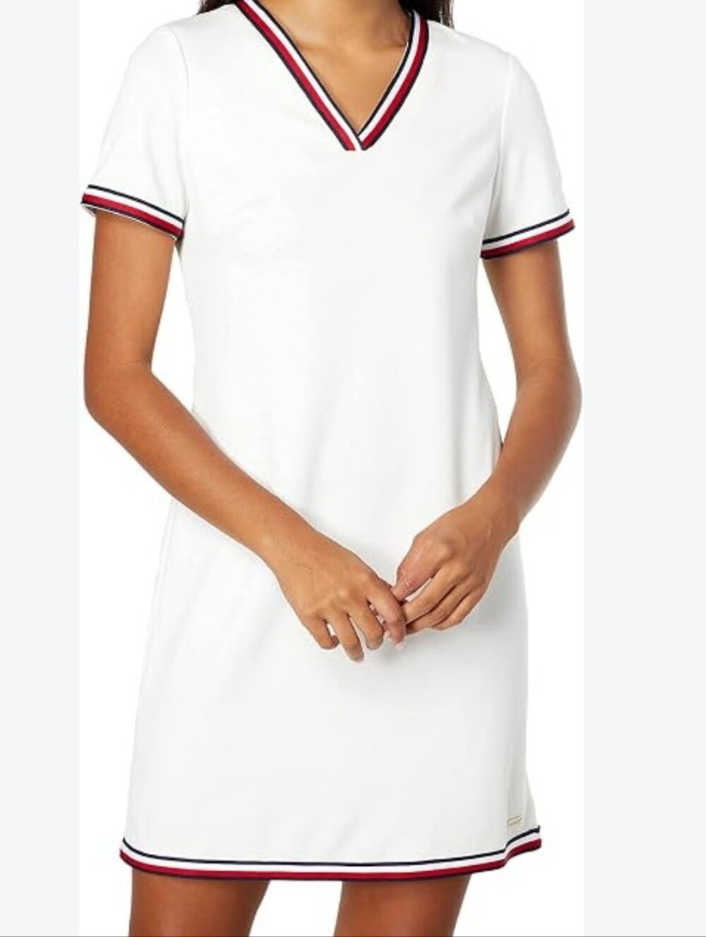 NWT Tommy Hilfiger White Shift Dress Size 8 V-Neck Red Navy Trim